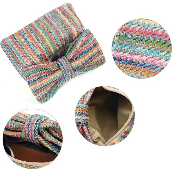 Womens Multi Fashion Clutch Bow Purses Straw Photos Party Wedding - Picture 5 of 7